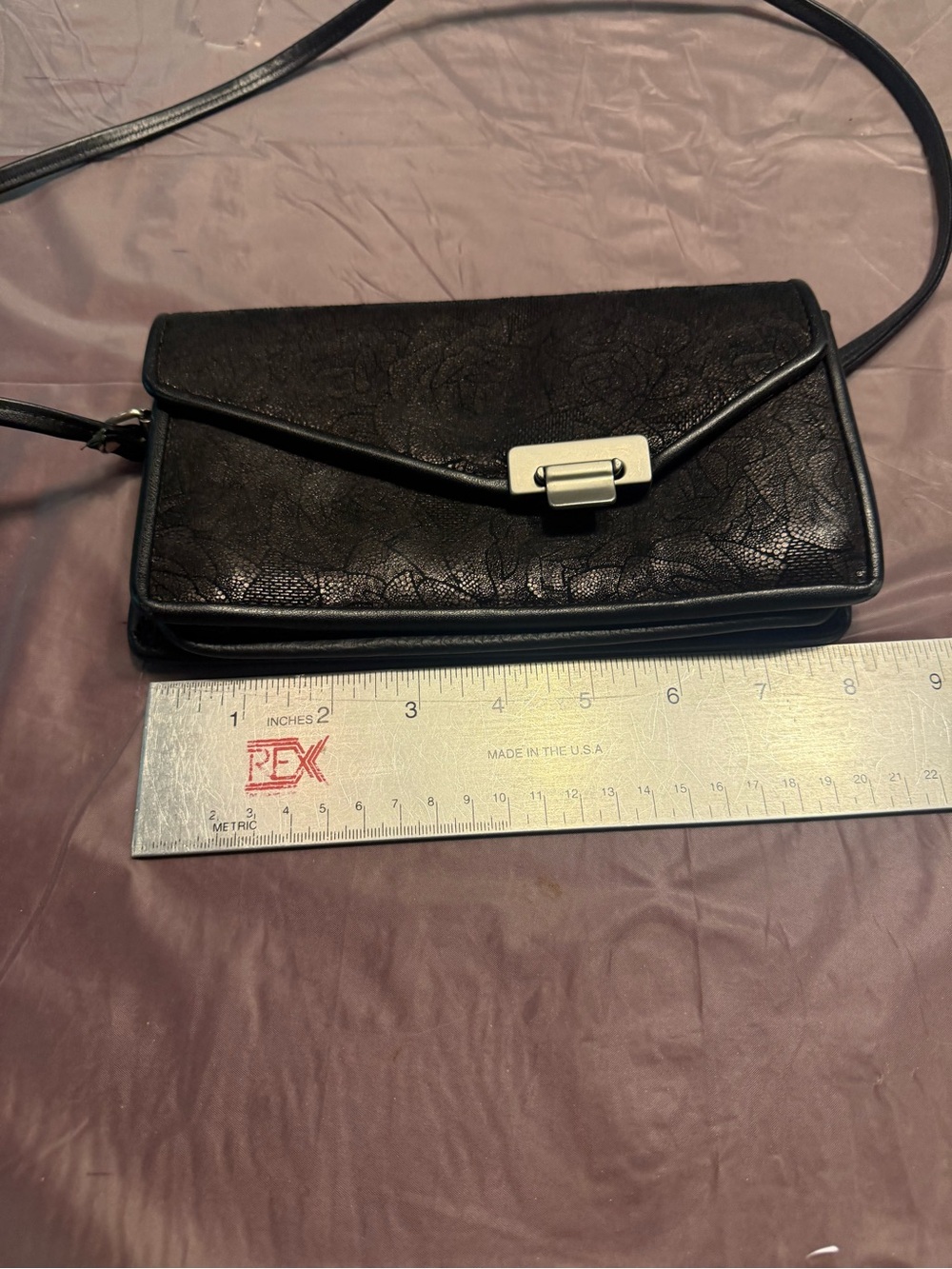 Vintage 2010 Roche Black Floral-Stamped Asymmetrical Leather Crossbody Bag - Picture 15 of 16
